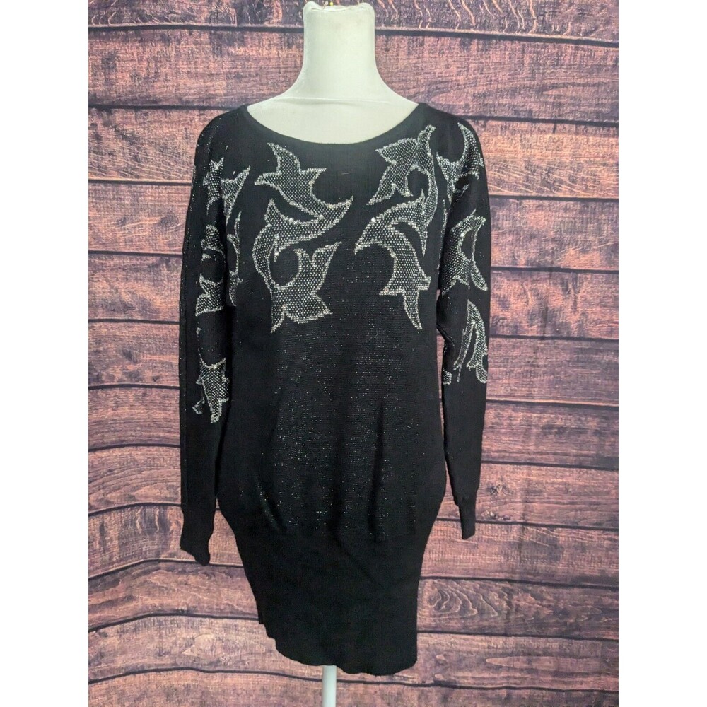 Vtg‎ Germany made wool Blend Sweater/dress Metallic Silver Black Sz 38/Med MONDI